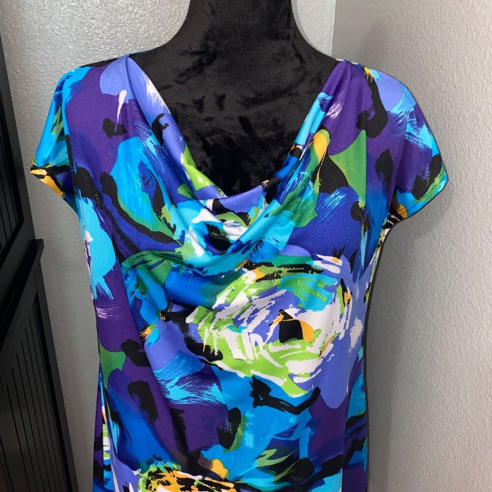 Annalee + Hope Blouse Womens L Cowl Neck Bold Floral Abstract Blue Artsy - Picture 2 of 8
